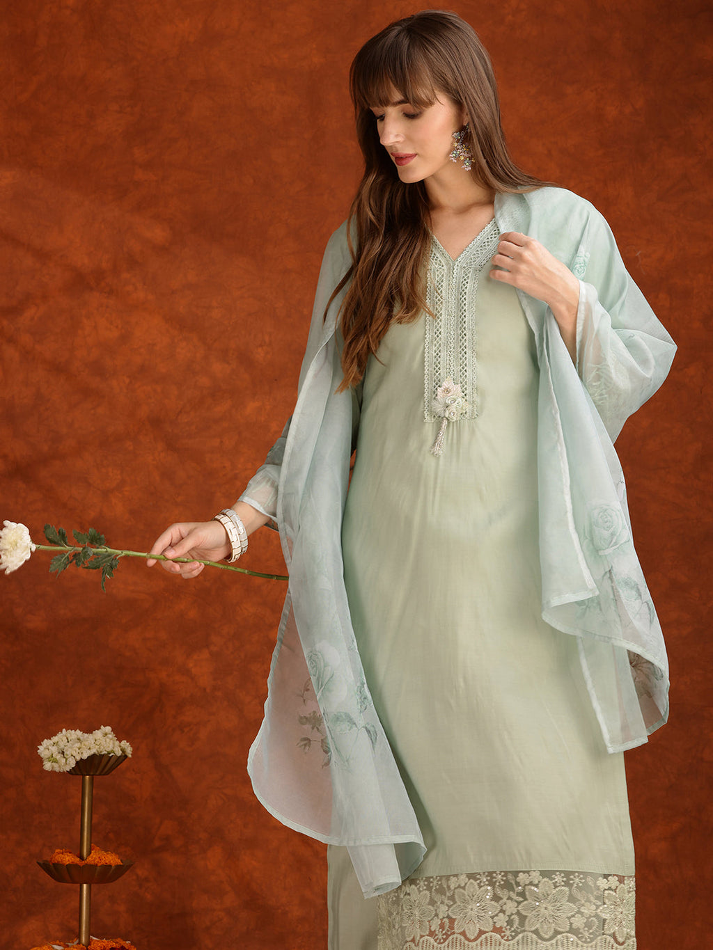 Artificial Flower & Lace Detailing Kurta With Pant & Dupatta, Green - Hiral Fashion - Distacart