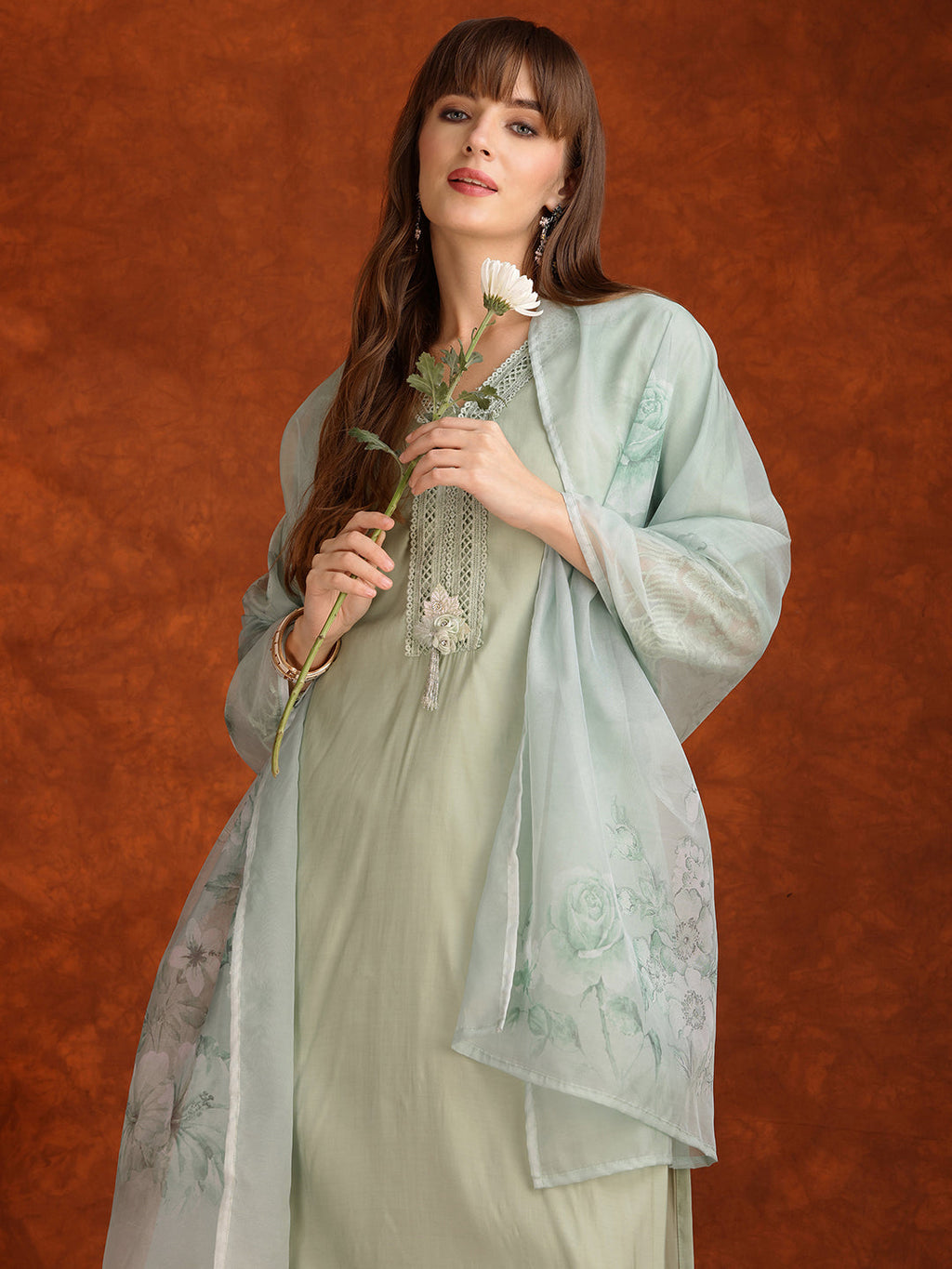 Artificial Flower & Lace Detailing Kurta With Pant & Dupatta, Green - Hiral Fashion - Distacart