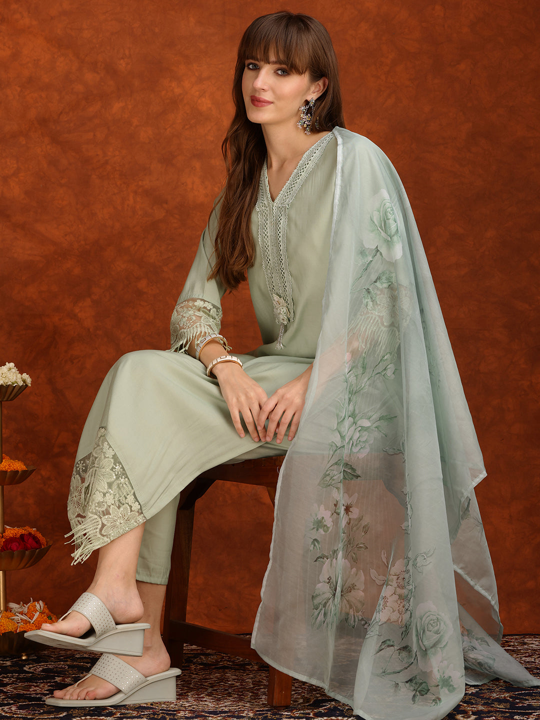 Artificial Flower & Lace Detailing Kurta With Pant & Dupatta, Green - Hiral Fashion - Distacart