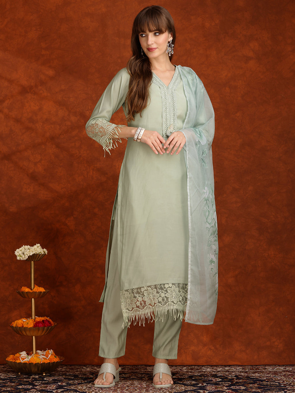 Artificial Flower & Lace Detailing Kurta With Pant & Dupatta, Green - Hiral Fashion - Distacart