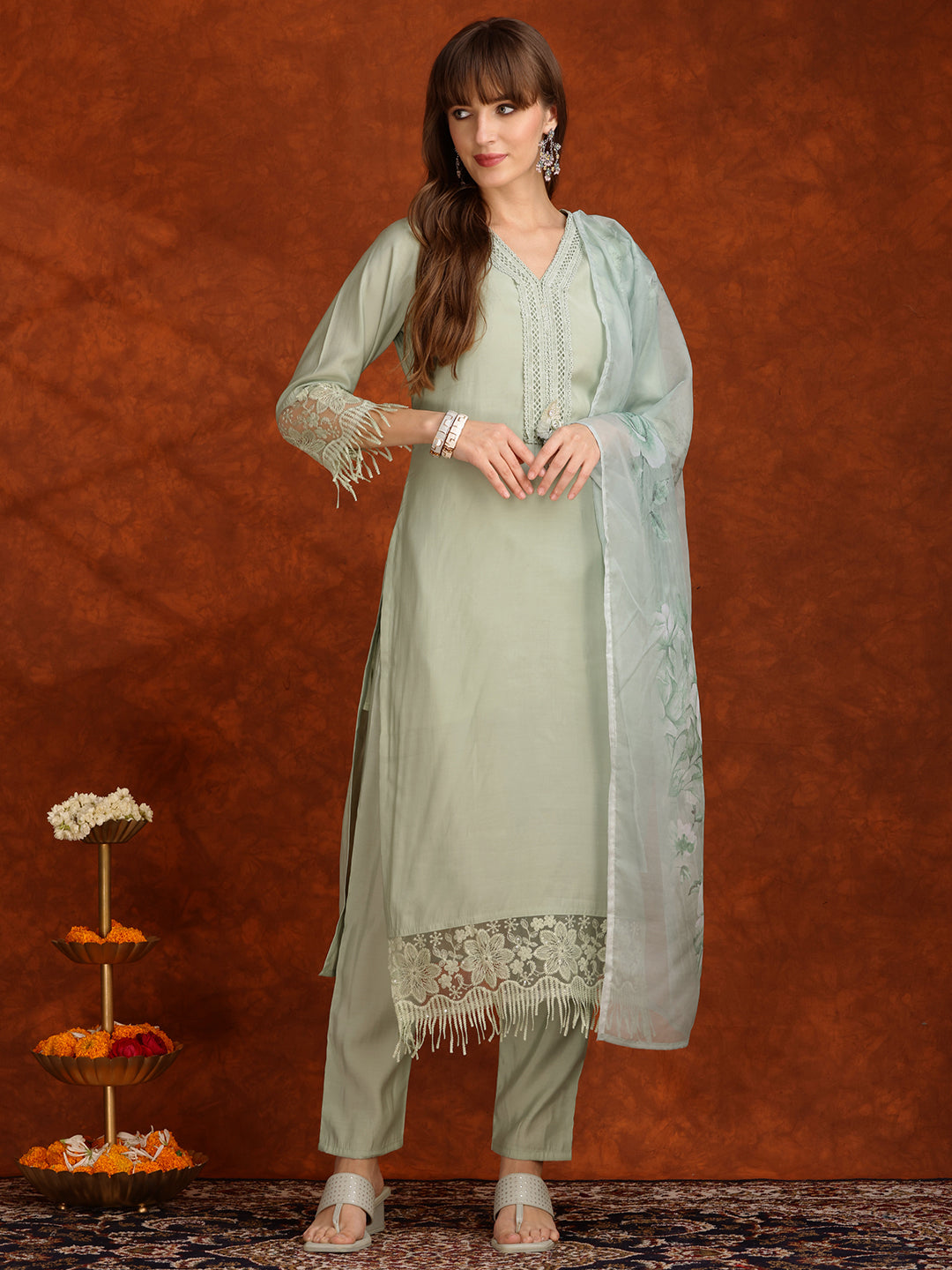 Artificial Flower & Lace Detailing Kurta With Pant & Dupatta, Green - Hiral Fashion - Distacart