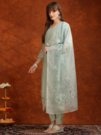 Artificial Flower & Lace Detailing Kurta With Pant & Dupatta, Green - Hiral Fashion - Distacart