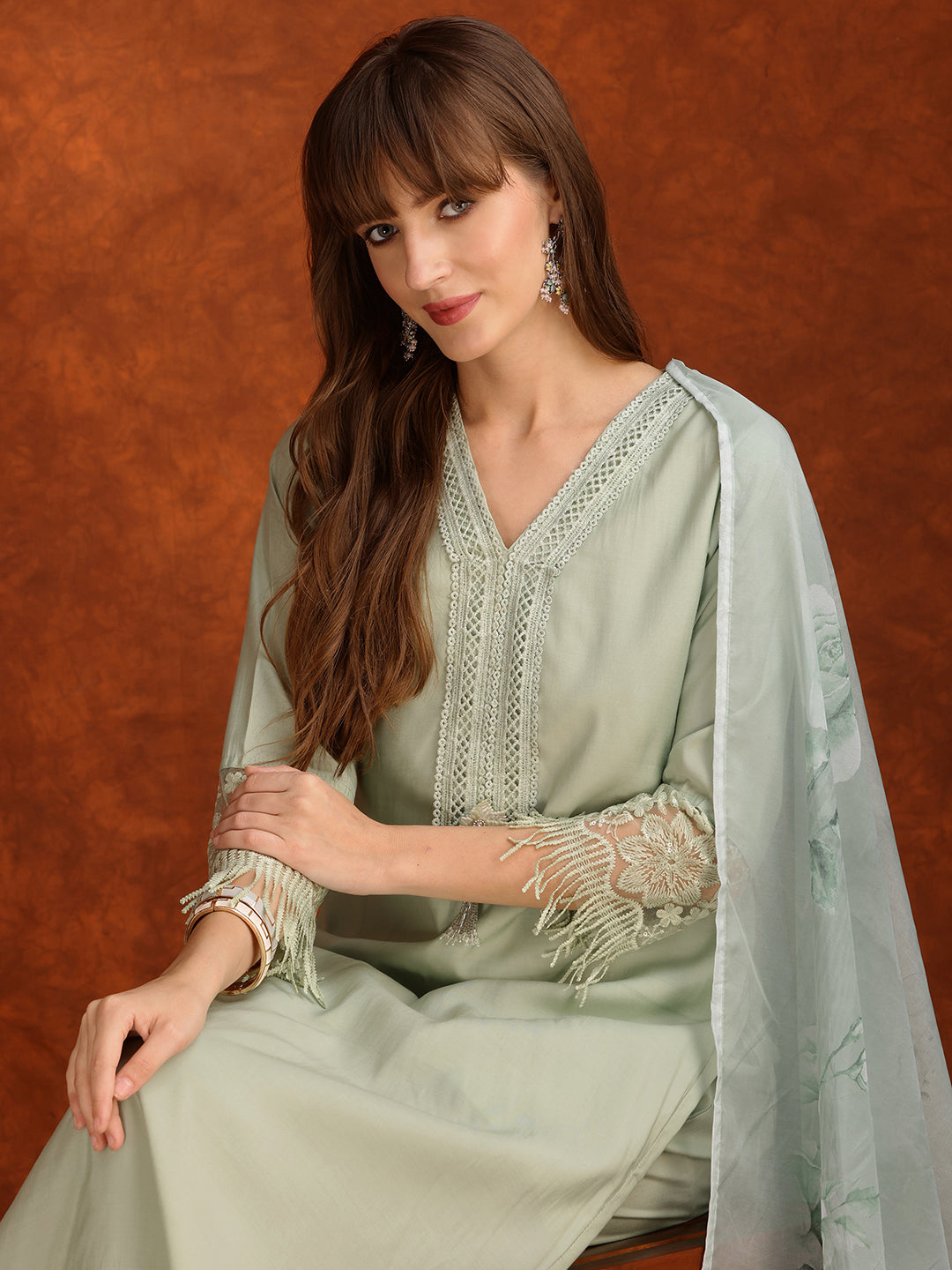 Artificial Flower & Lace Detailing Kurta With Pant & Dupatta, Green - Hiral Fashion - Distacart