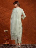 Artificial Flower & Lace Detailing Kurta With Pant & Dupatta, Green - Hiral Fashion - Distacart
