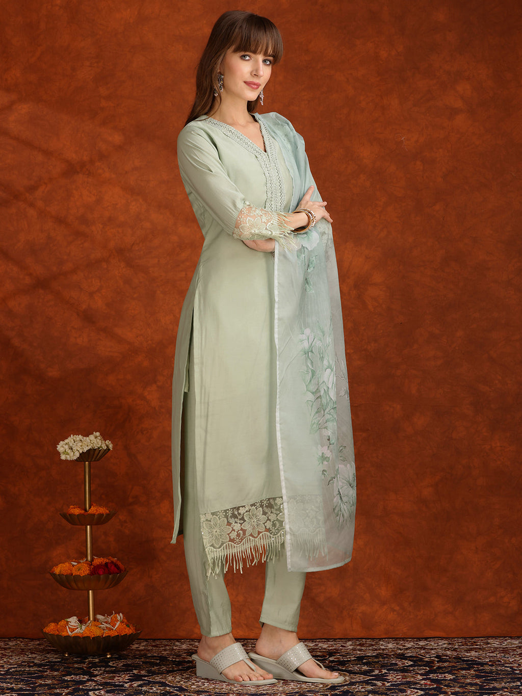 Artificial Flower & Lace Detailing Kurta With Pant & Dupatta, Green - Hiral Fashion - Distacart