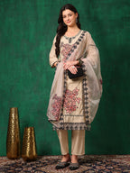 Applique Embroidered Kurta With Pant & Embroidered Dupatta, Beige - Hiral Fashion