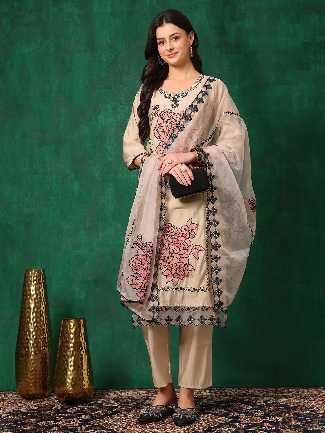 Applique Embroidered Kurta With Pant & Embroidered Dupatta, Beige - Hiral Fashion
