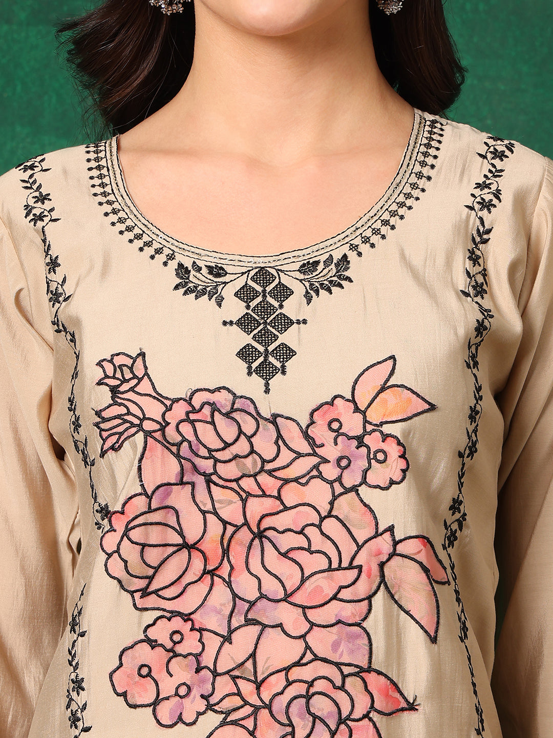 Applique Embroidered Kurta With Pant & Embroidered Dupatta, Beige - Hiral Fashion
