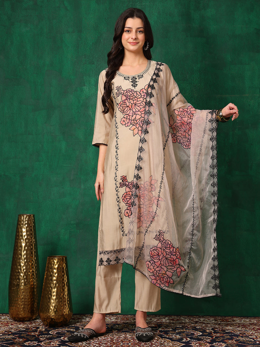 Applique Embroidered Kurta With Pant & Embroidered Dupatta, Beige - Hiral Fashion