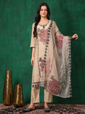 Applique Embroidered Kurta With Pant & Embroidered Dupatta, Beige - Hiral Fashion