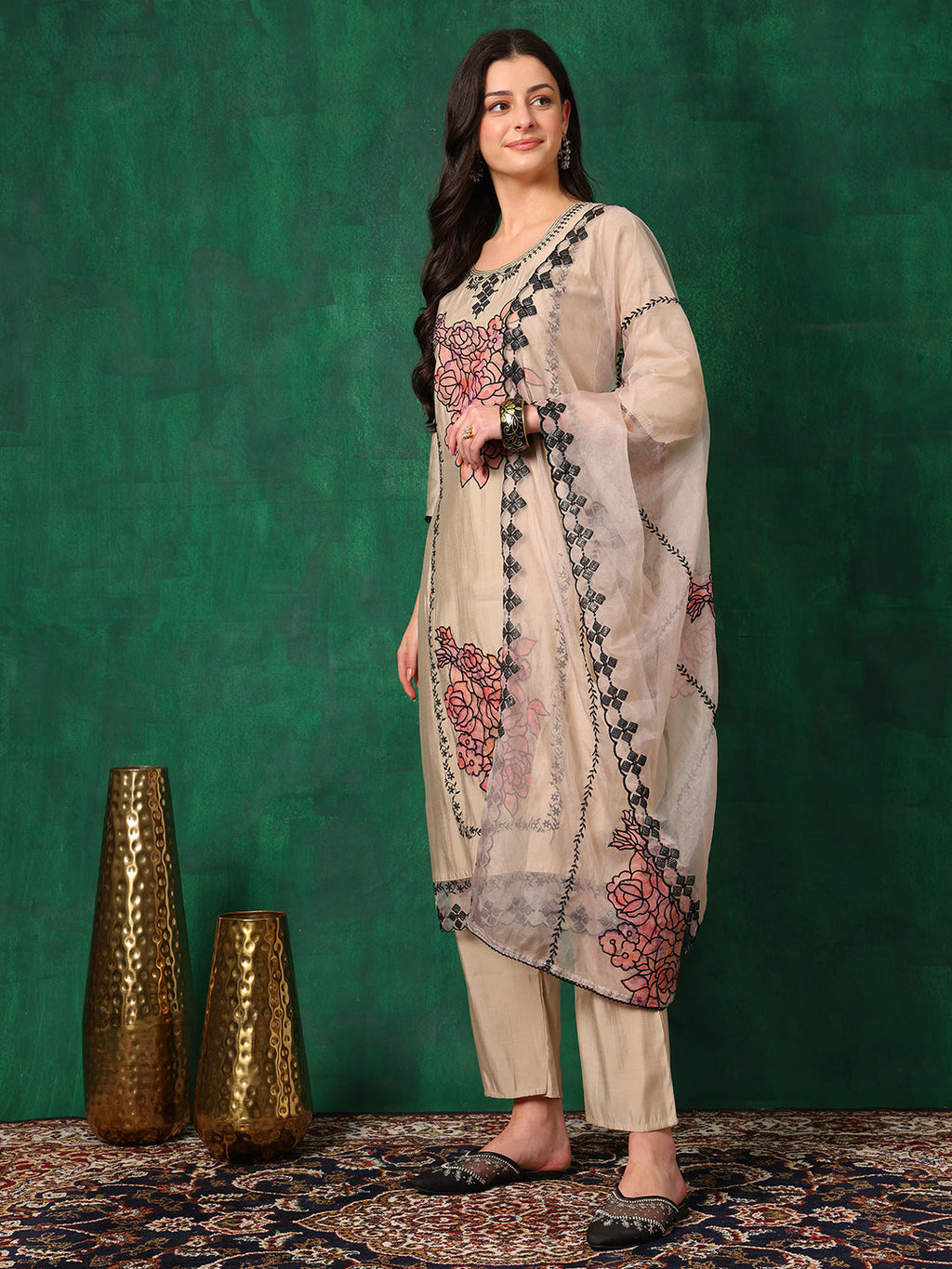 Applique Embroidered Kurta With Pant & Embroidered Dupatta, Beige - Hiral Fashion