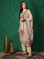 Applique Embroidered Kurta With Pant & Embroidered Dupatta, Beige - Hiral Fashion