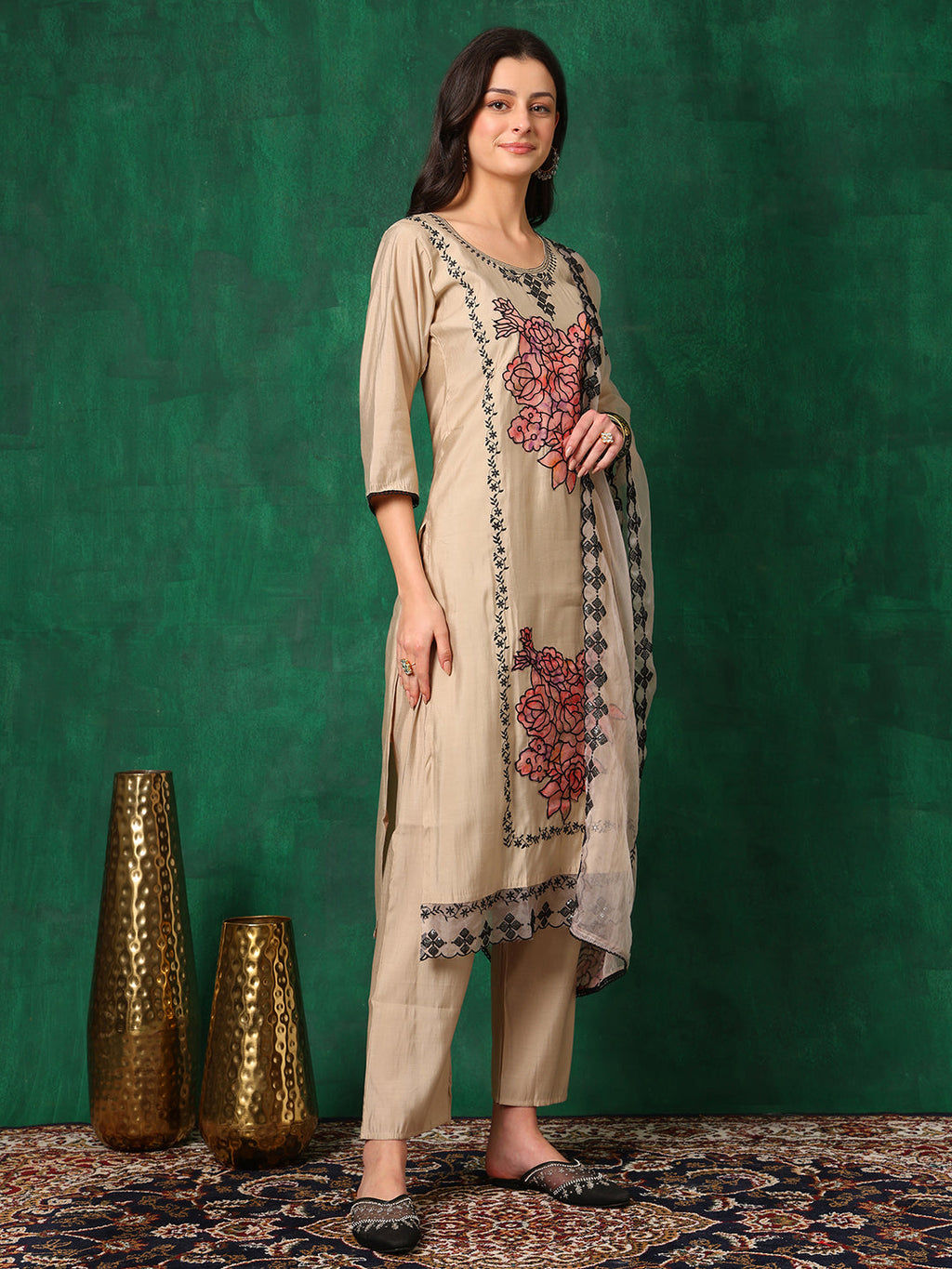 Applique Embroidered Kurta With Pant & Embroidered Dupatta, Beige - Hiral Fashion