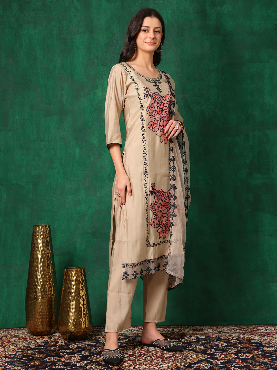 Applique Embroidered Kurta With Pant & Embroidered Dupatta, Beige - Hiral Fashion