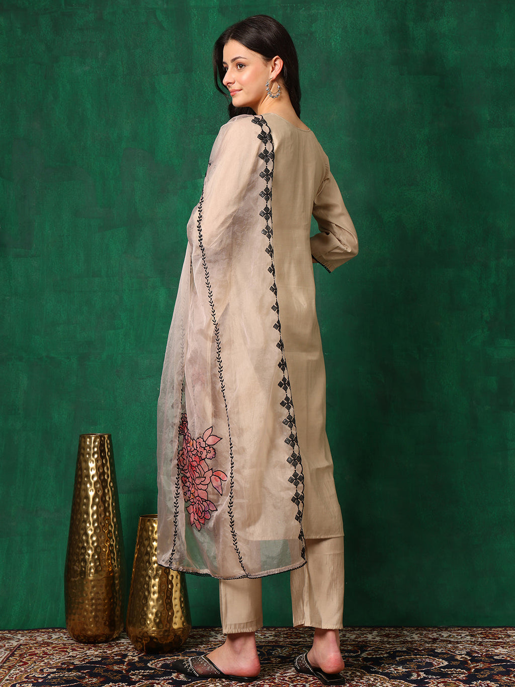 Applique Embroidered Kurta With Pant & Embroidered Dupatta, Beige - Hiral Fashion