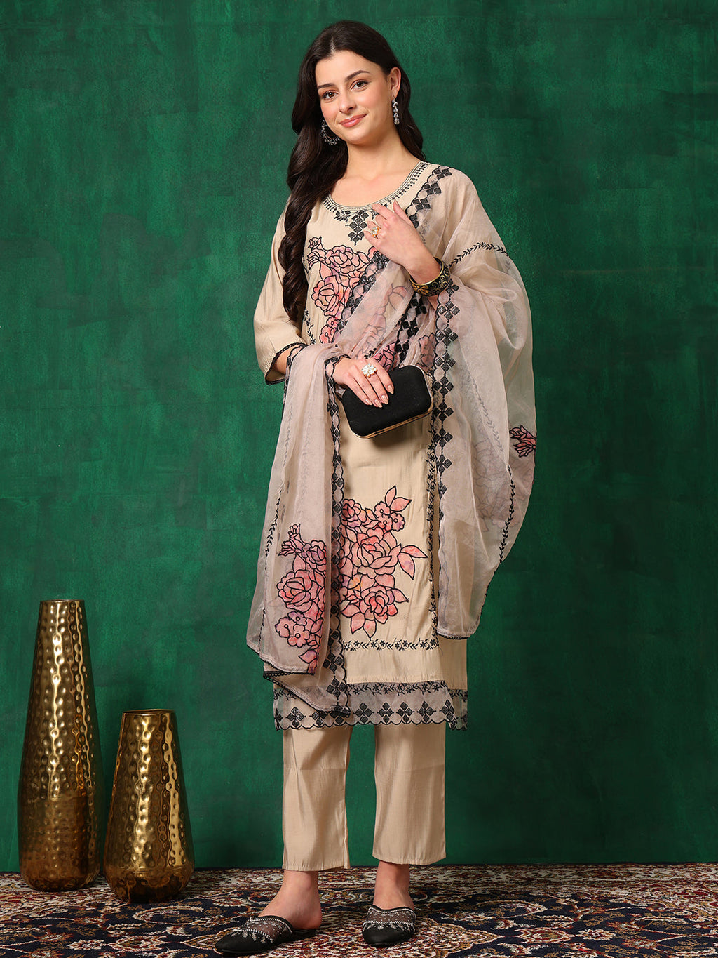 Applique Embroidered Kurta With Pant & Embroidered Dupatta, Beige - Hiral Fashion