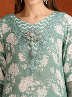 Flower Embellished And Printed Kurta With Pant & Dupatta, Green - Hiral Fashion - Distacart