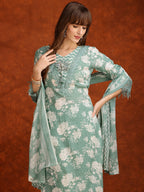 Flower Embellished And Printed Kurta With Pant & Dupatta, Green - Hiral Fashion - Distacart