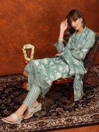 Flower Embellished And Printed Kurta With Pant & Dupatta, Green - Hiral Fashion - Distacart