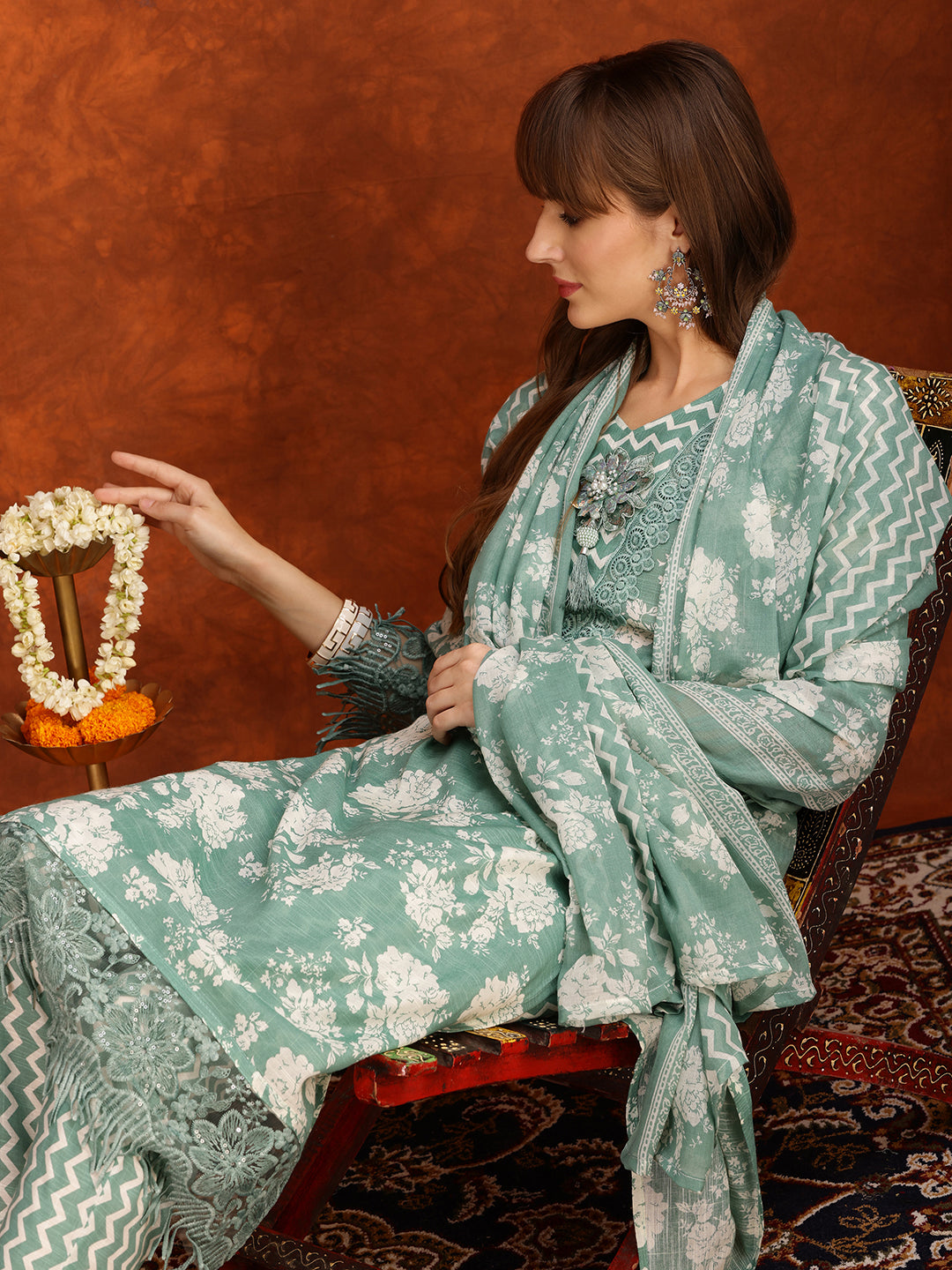 Flower Embellished And Printed Kurta With Pant & Dupatta, Green - Hiral Fashion - Distacart