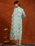 Flower Embellished And Printed Kurta With Pant & Dupatta, Green - Hiral Fashion - Distacart