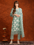 Flower Embellished And Printed Kurta With Pant & Dupatta, Green - Hiral Fashion - Distacart