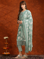 Flower Embellished And Printed Kurta With Pant & Dupatta, Green - Hiral Fashion - Distacart