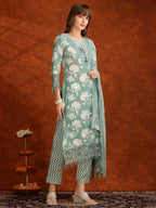 Flower Embellished And Printed Kurta With Pant & Dupatta, Green - Hiral Fashion - Distacart