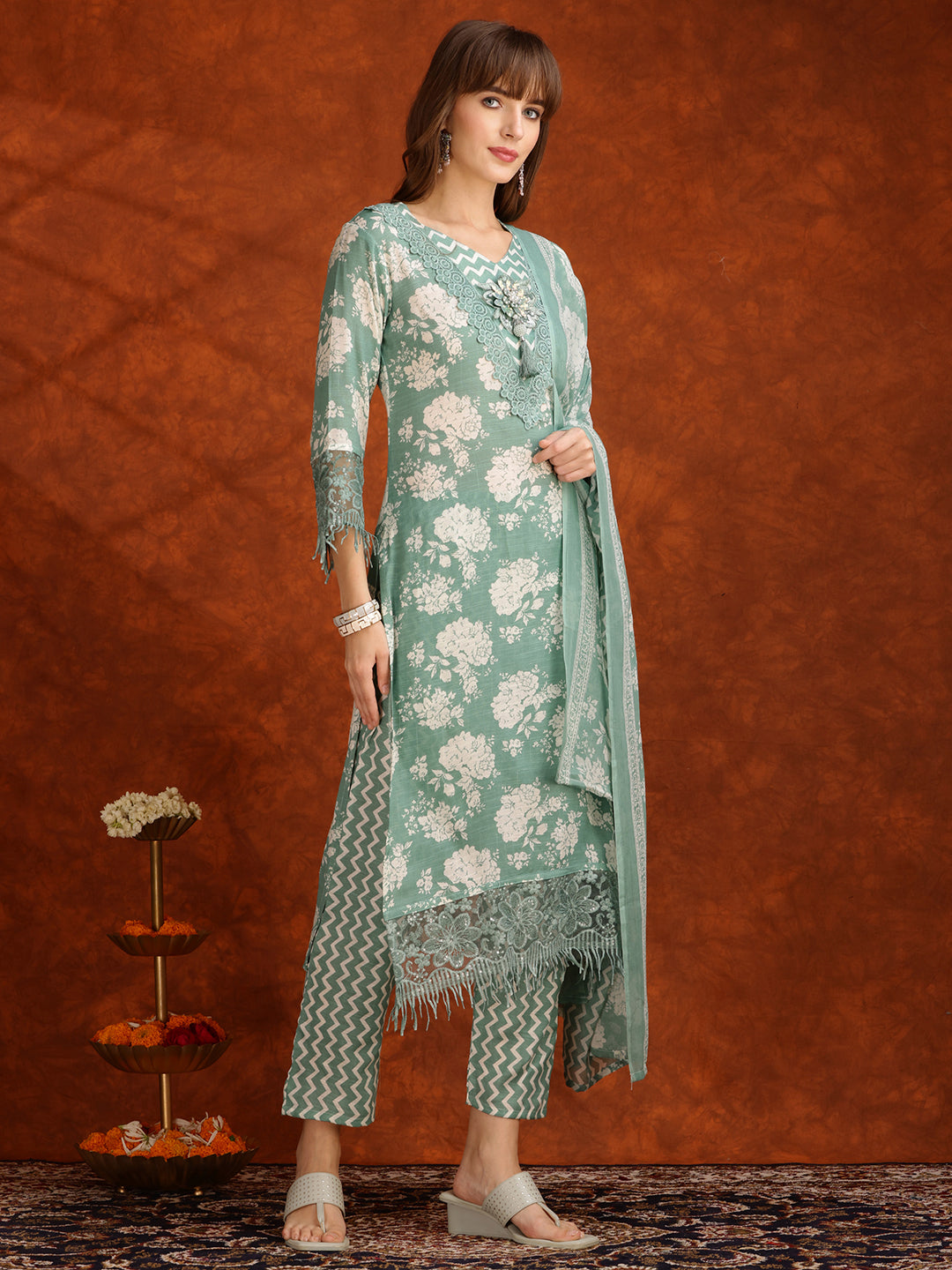 Flower Embellished And Printed Kurta With Pant & Dupatta, Green - Hiral Fashion - Distacart