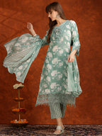 Flower Embellished And Printed Kurta With Pant & Dupatta, Green - Hiral Fashion - Distacart