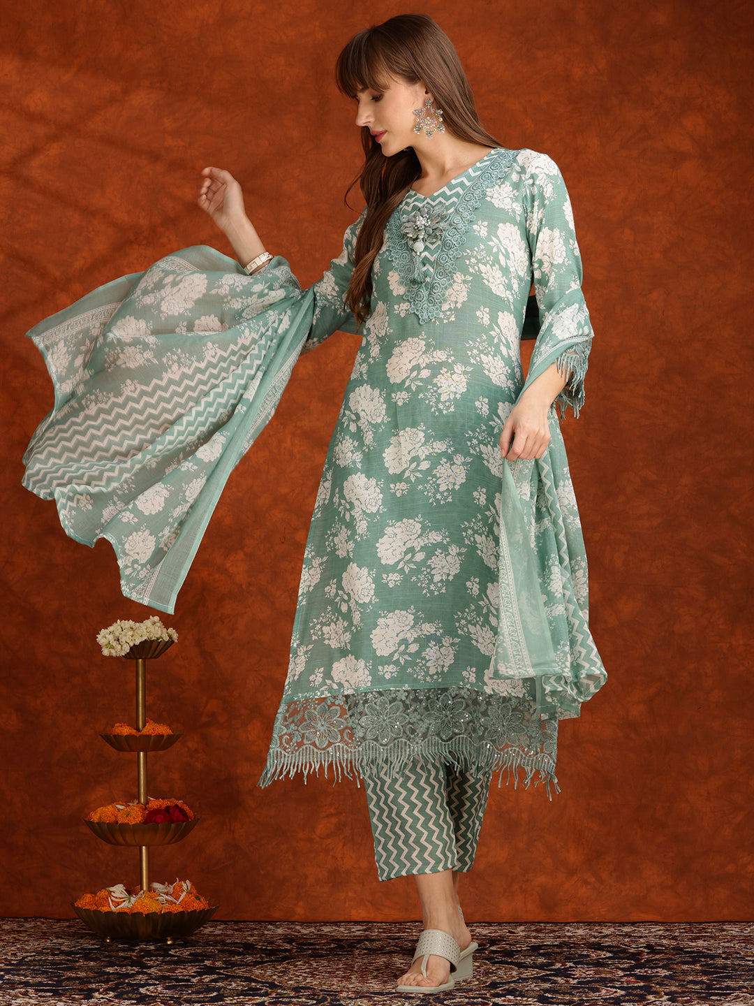 Flower Embellished And Printed Kurta With Pant & Dupatta, Green - Hiral Fashion - Distacart