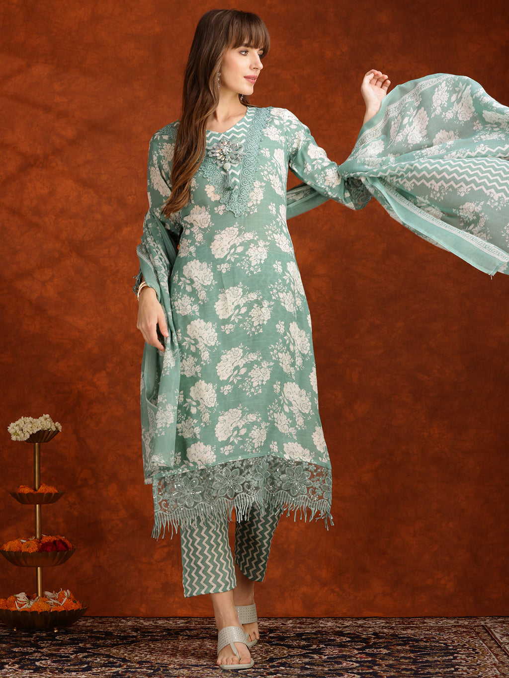 Flower Embellished And Printed Kurta With Pant & Dupatta, Green - Hiral Fashion - Distacart