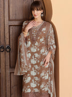 Flower Embellished And Printed Kurta With Pant & Dupatta, Brown - Hiral Fashion - Distacart