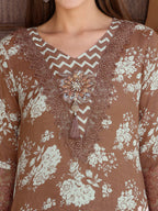 Flower Embellished And Printed Kurta With Pant & Dupatta, Brown - Hiral Fashion - Distacart