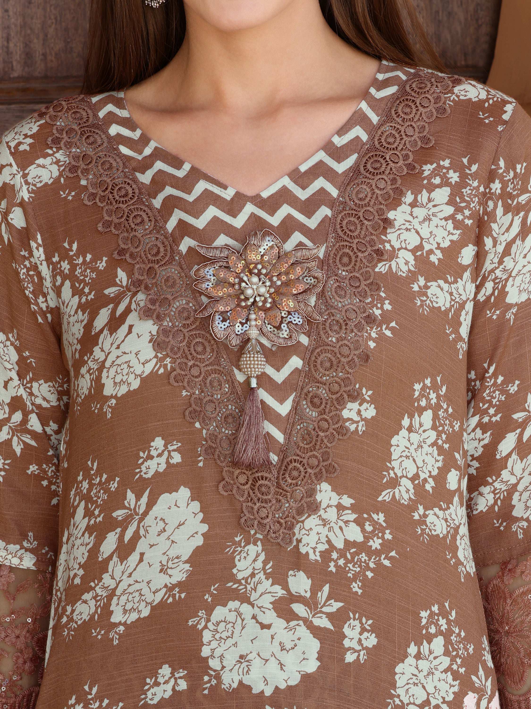 Flower Embellished And Printed Kurta With Pant & Dupatta, Brown - Hiral Fashion - Distacart