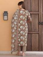 Flower Embellished And Printed Kurta With Pant & Dupatta, Brown - Hiral Fashion - Distacart