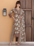Flower Embellished And Printed Kurta With Pant & Dupatta, Brown - Hiral Fashion - Distacart