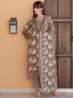 Flower Embellished And Printed Kurta With Pant & Dupatta, Brown - Hiral Fashion - Distacart