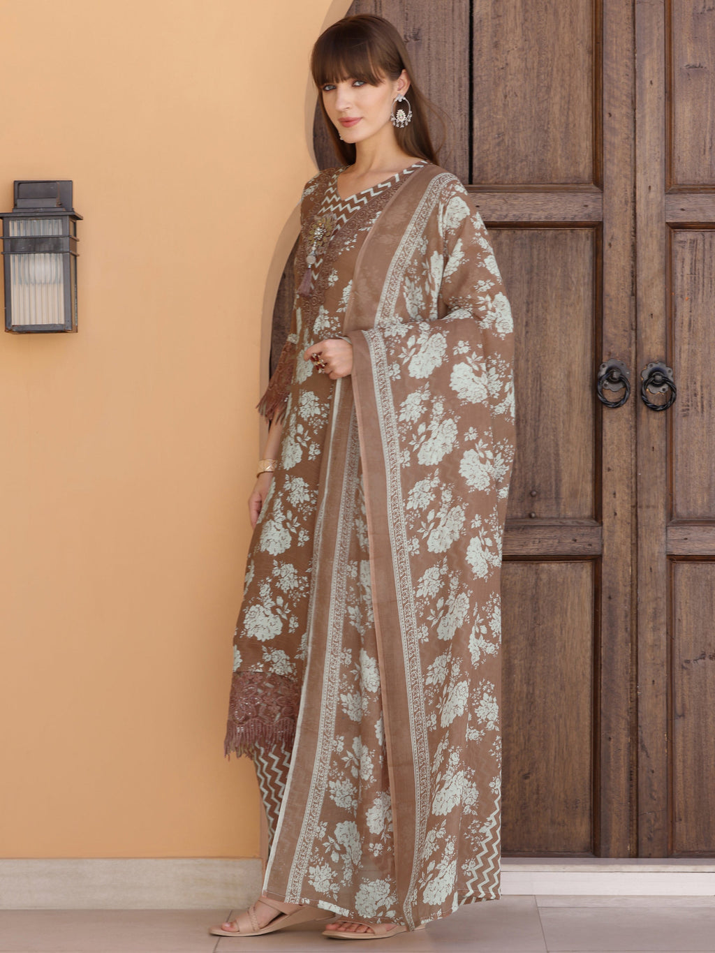 Flower Embellished And Printed Kurta With Pant & Dupatta, Brown - Hiral Fashion - Distacart