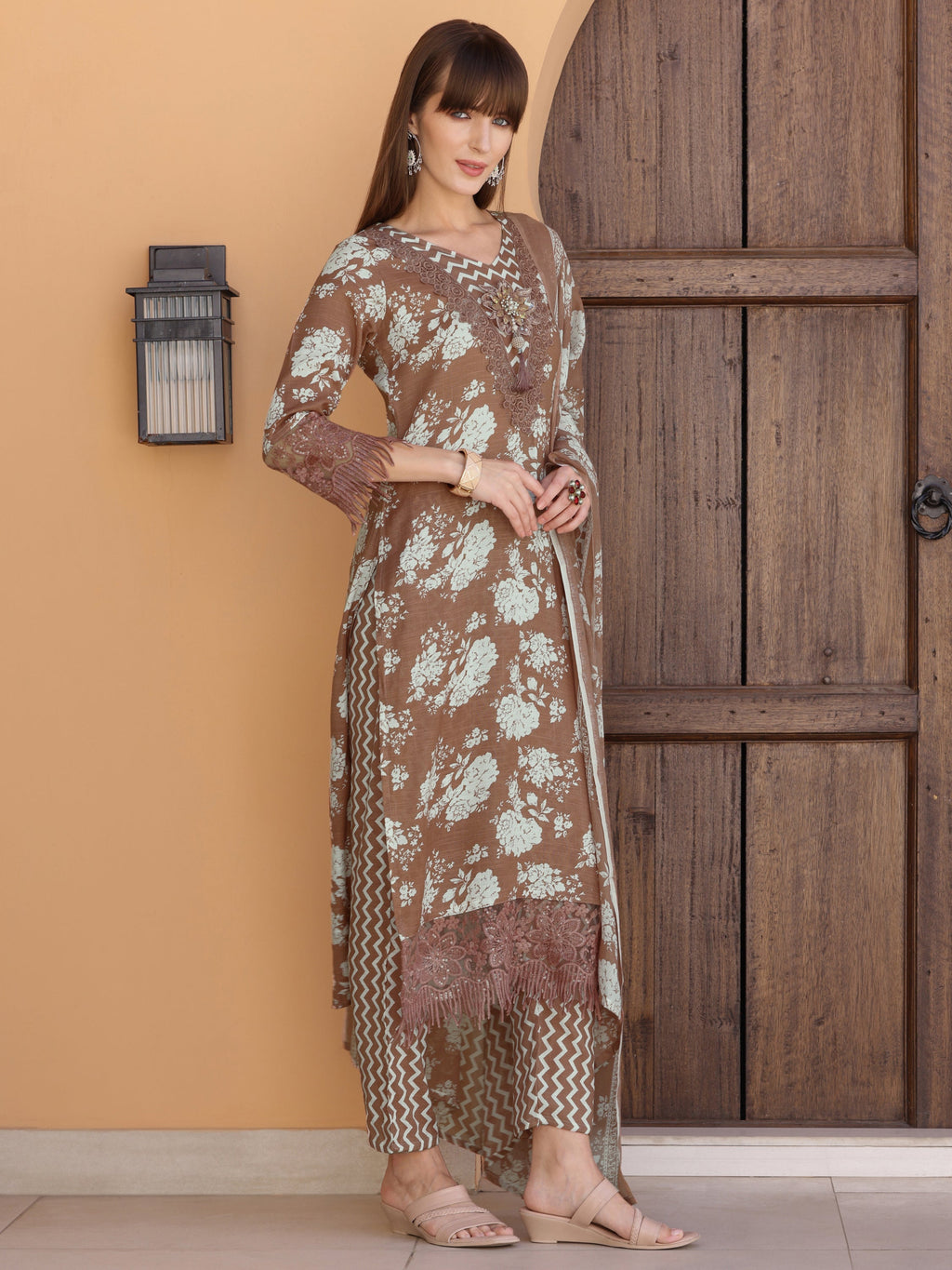 Flower Embellished And Printed Kurta With Pant & Dupatta, Brown - Hiral Fashion - Distacart