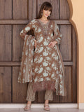 Flower Embellished And Printed Kurta With Pant & Dupatta, Brown - Hiral Fashion - Distacart