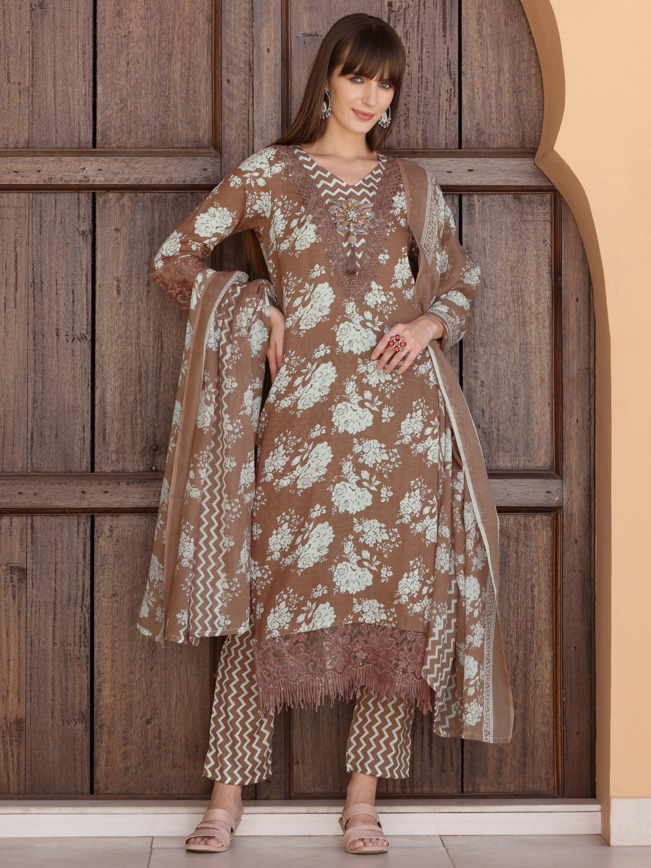 Flower Embellished And Printed Kurta With Pant & Dupatta, Brown - Hiral Fashion - Distacart