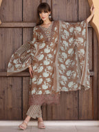 Flower Embellished And Printed Kurta With Pant & Dupatta, Brown - Hiral Fashion - Distacart