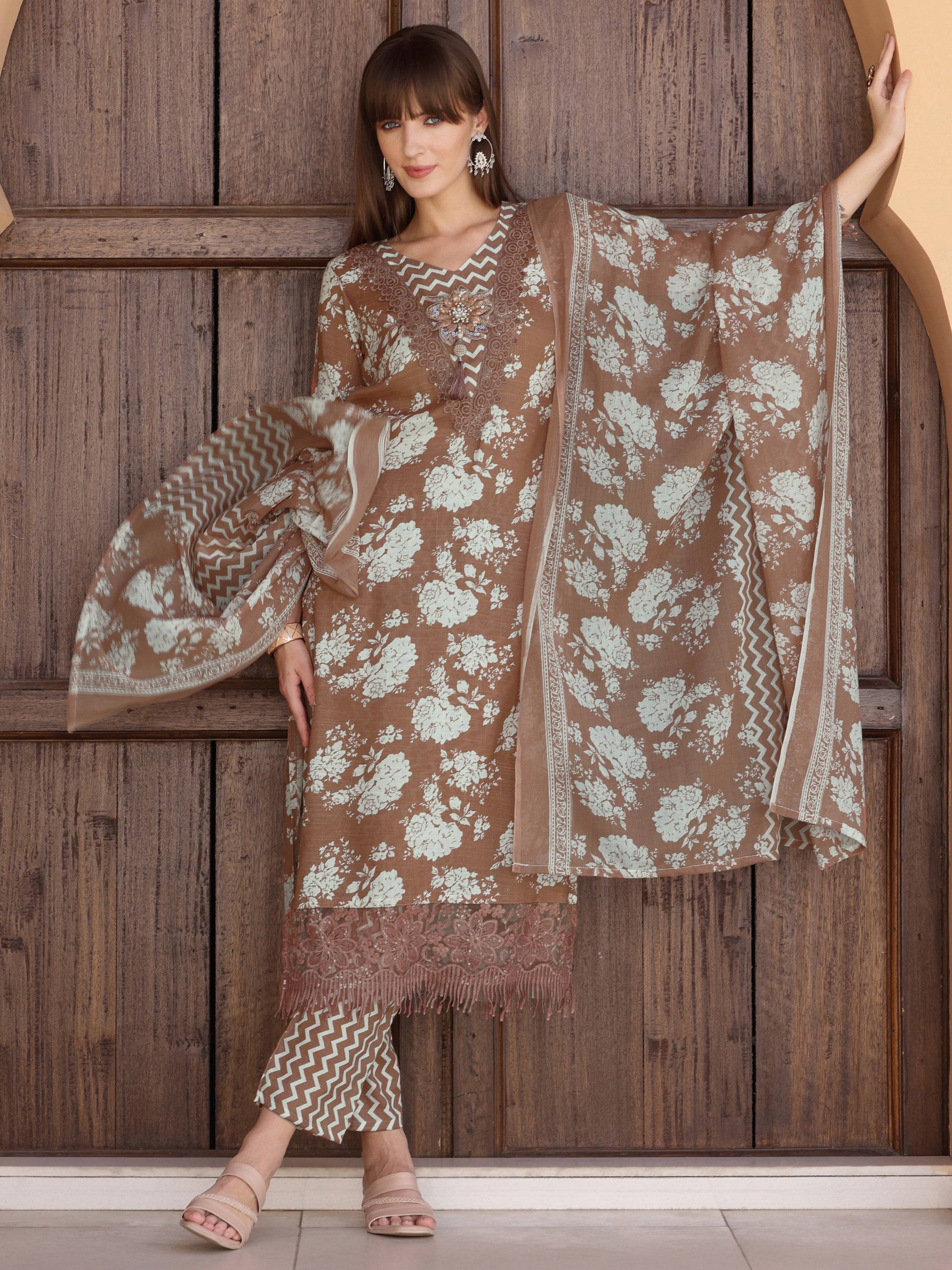 Flower Embellished And Printed Kurta With Pant & Dupatta, Brown - Hiral Fashion - Distacart