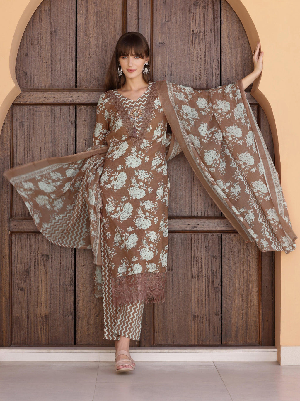 Flower Embellished And Printed Kurta With Pant & Dupatta, Brown - Hiral Fashion - Distacart