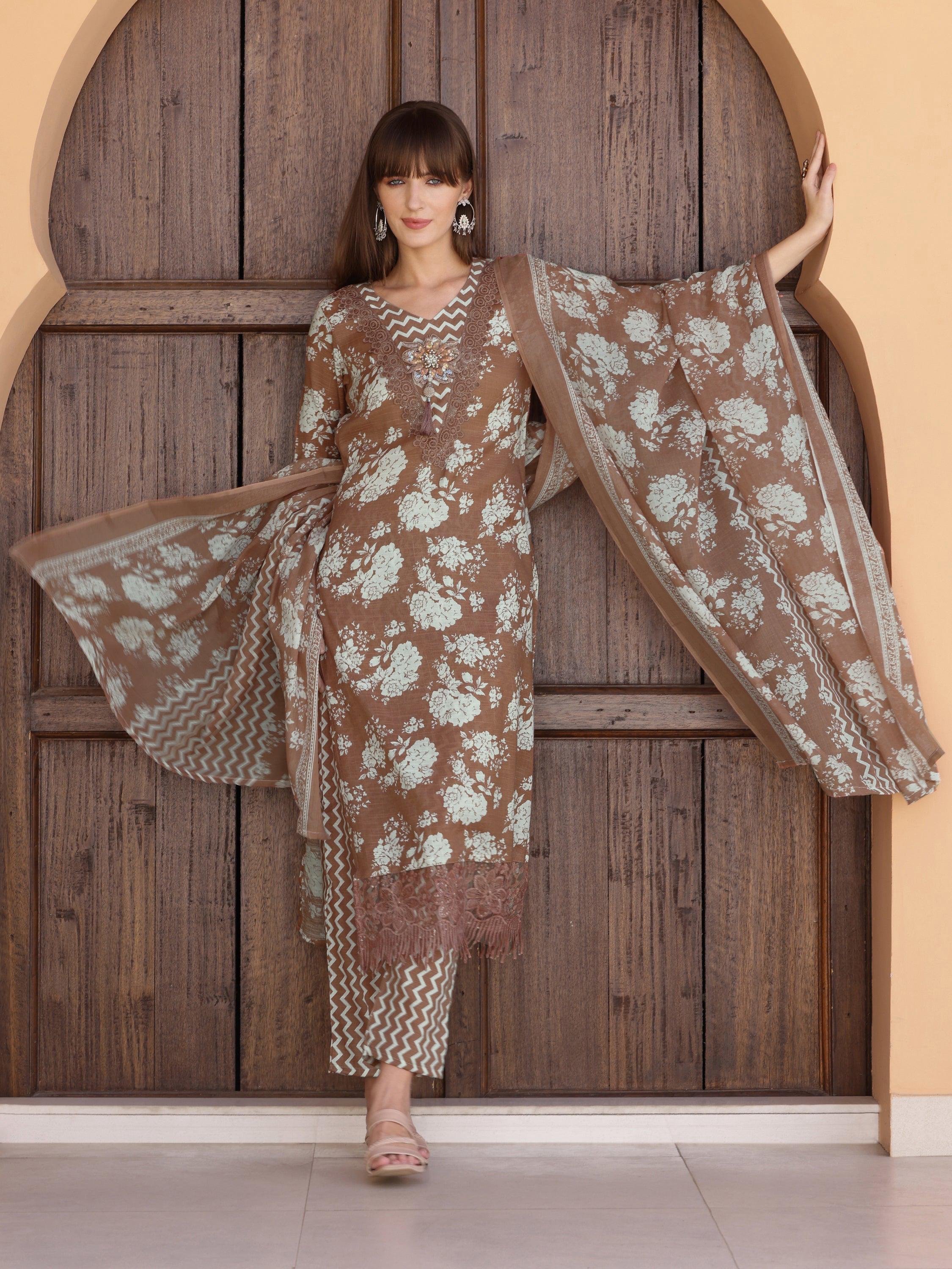 Flower Embellished And Printed Kurta With Pant & Dupatta, Brown - Hiral Fashion - Distacart