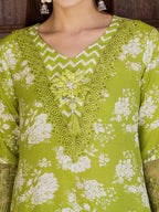 Flower Embellished And Printed Kurta With Pant & Dupatta, Green - Hiral Fashion - Distacart