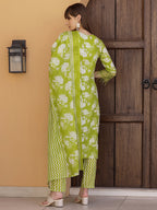 Flower Embellished And Printed Kurta With Pant & Dupatta, Green - Hiral Fashion - Distacart