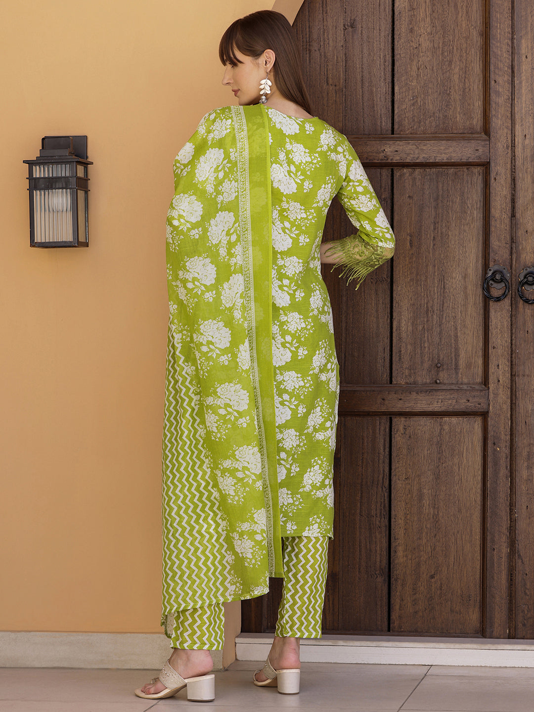 Flower Embellished And Printed Kurta With Pant & Dupatta, Green - Hiral Fashion - Distacart