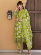 Flower Embellished And Printed Kurta With Pant & Dupatta, Green - Hiral Fashion - Distacart